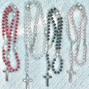 Red, White and Black, Pink Rosary Beads with Cross Pendant